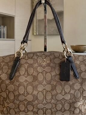 Coach Kelsey Small Signature Jacquard Satchel Khaki Brown